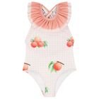 Girls White & Coral Peaches Swimsuit, 2, hi-res