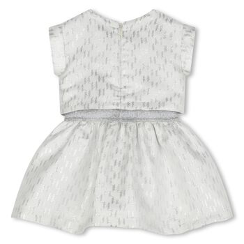 Younger Girls Ivory & Silver Logo Dress