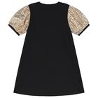 فستان بنات بالشعار باللون الأسود والذهبي, 1, hi-res