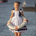 Girls White & Navy Blue Bow Dress, 1, hi-res