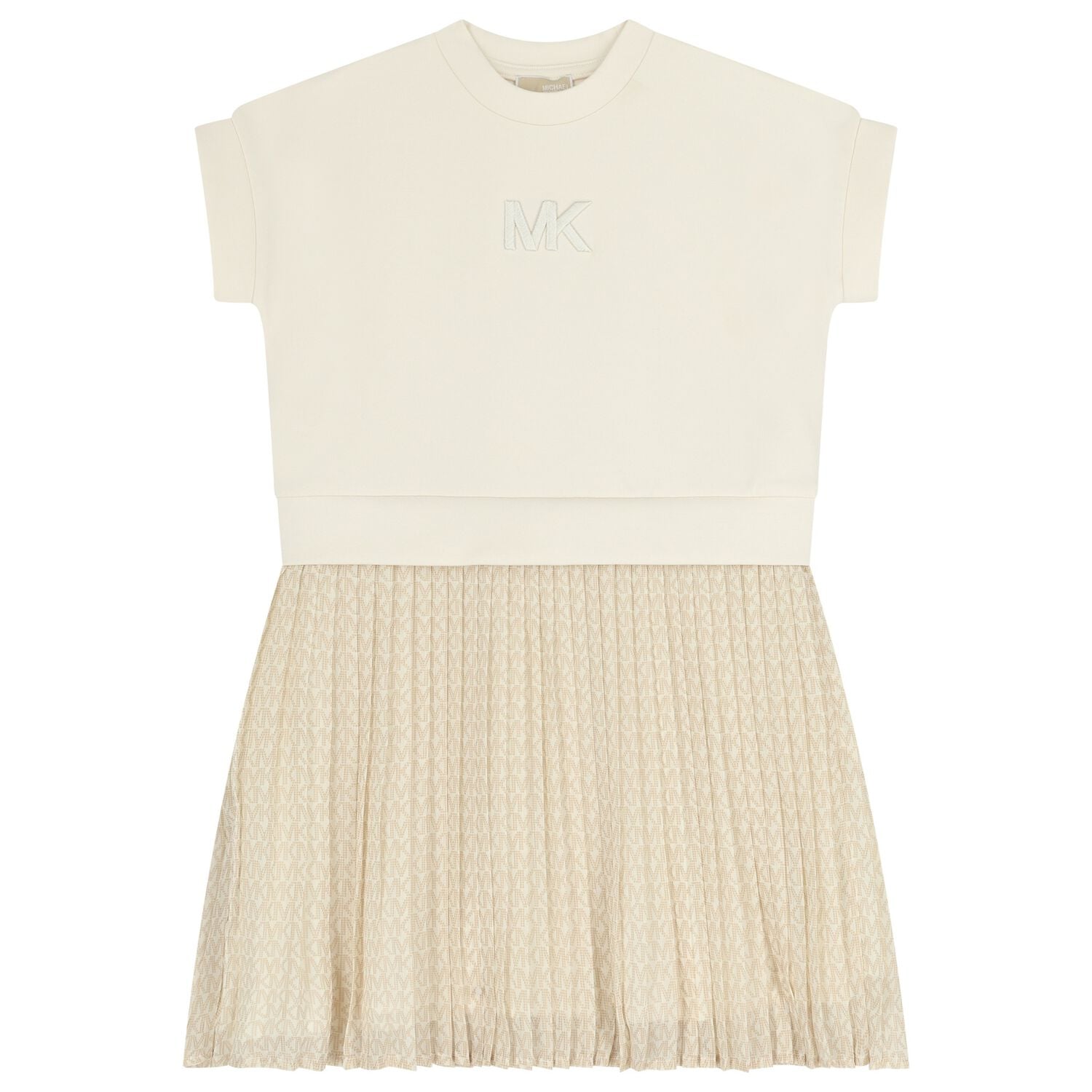 Girls Beige Logo Pleated Dress, 1, hi-res