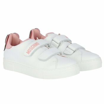 Girls White & Pink Teddy Logo Trainers