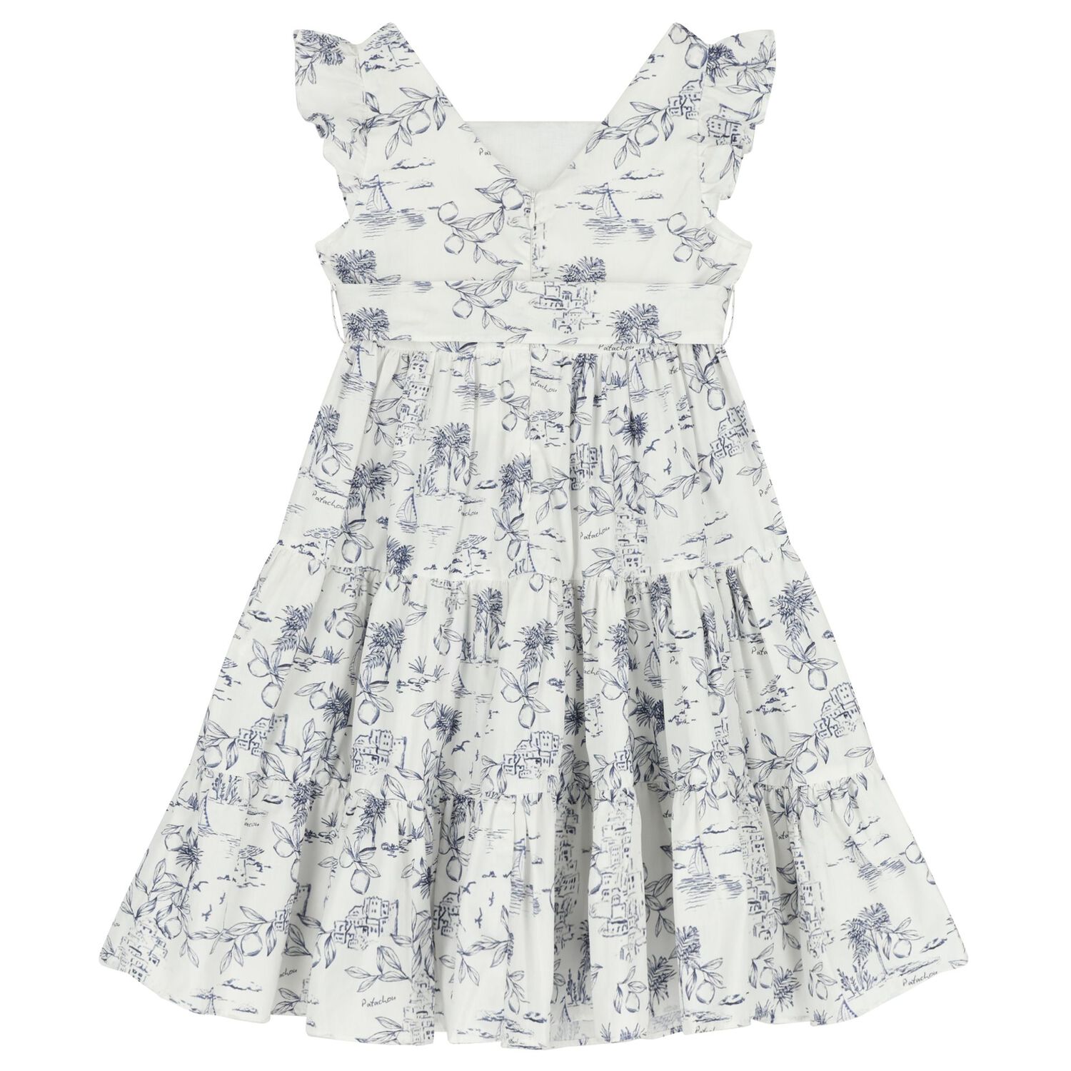 Girls White & Navy Blue Bow Dress, 1, hi-res