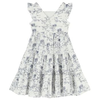Girls White & Navy Blue Bow Dress