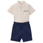Boys Beige & Navy Blue Striped Shorts Set, 3, hi-res