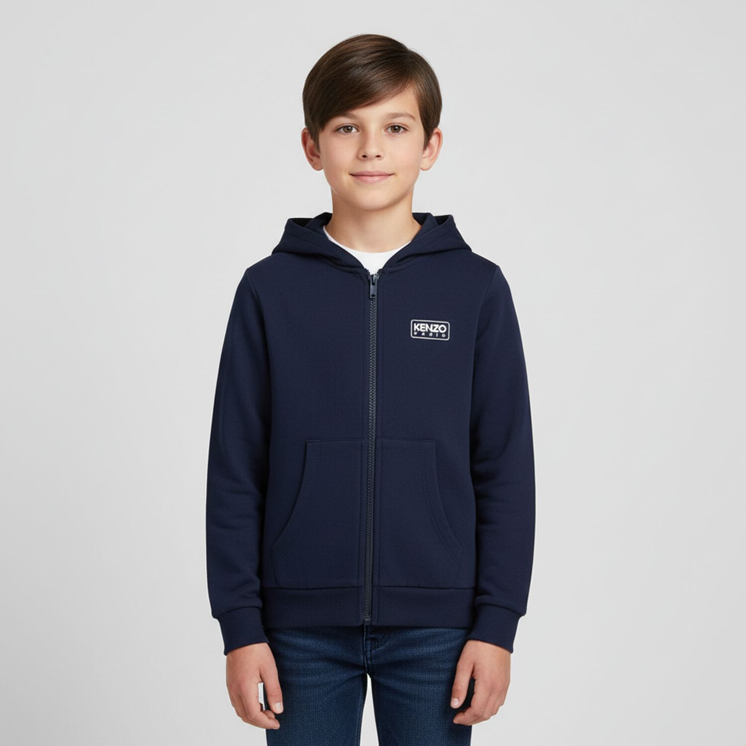 Navy Blue Logo Hooded Zip Up Top, 1, hi-res