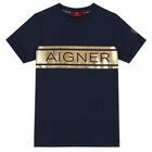 Boys Navy & Gold Logo T-Shirt, 1, hi-res