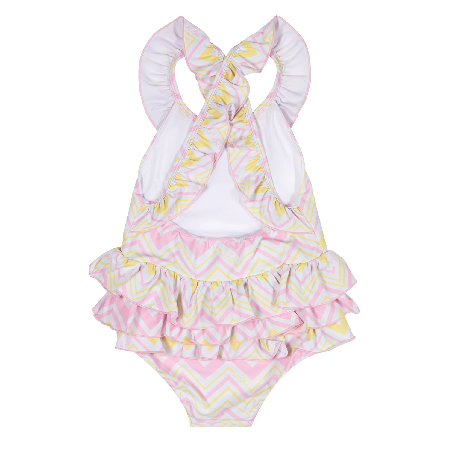 Girls White & Yellow Zig Zag Swimsuit, 1, hi-res