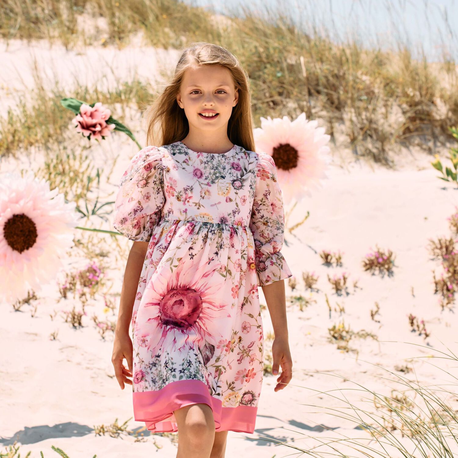 Girls Pink Floral Chiffon Dress, 1, hi-res image number null