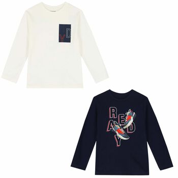 Boys Ivory & Navy Long Sleeve Tops ( 2-Pack )