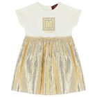 Younger Girls Ivory & Gold Logo Dress, 1, hi-res