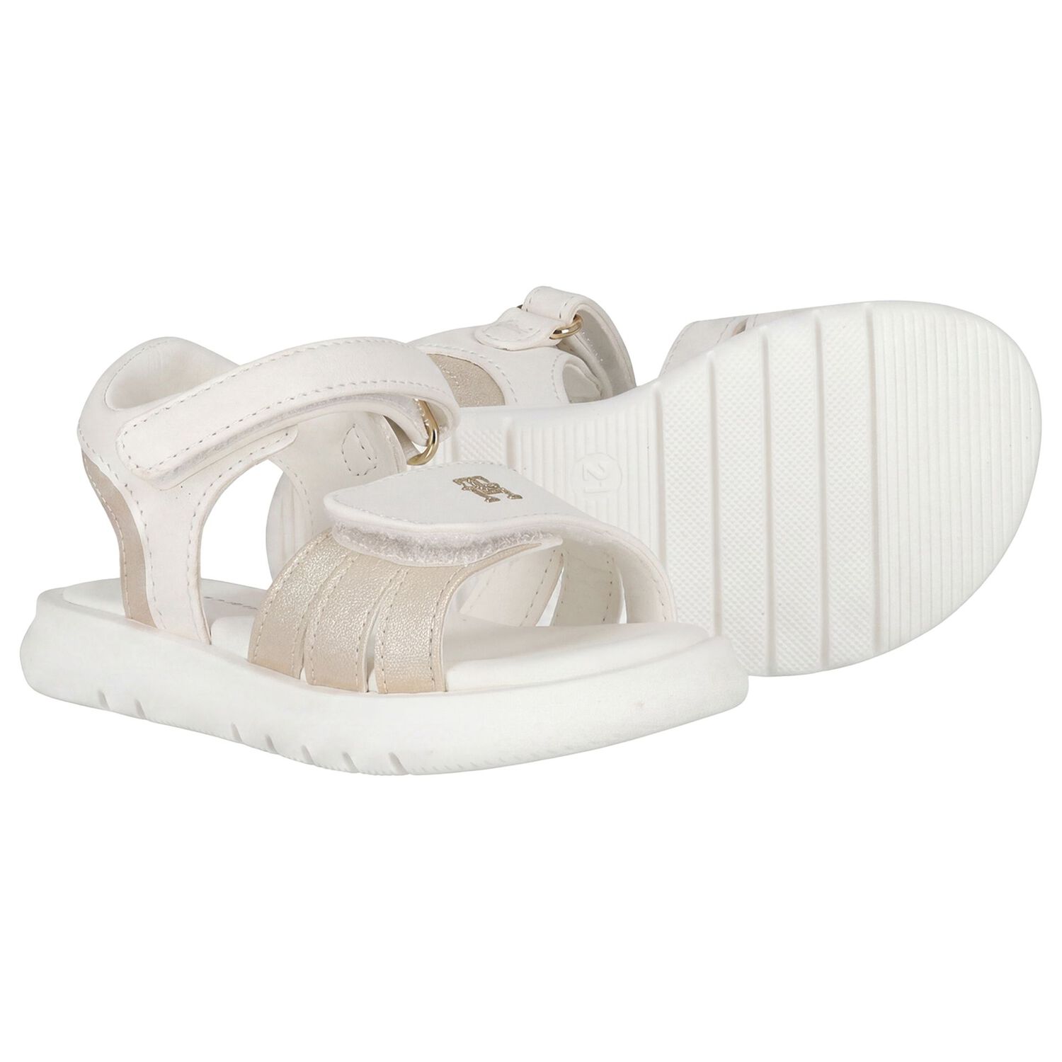 Girls White & Gold Logo Sandals, 2, hi-res