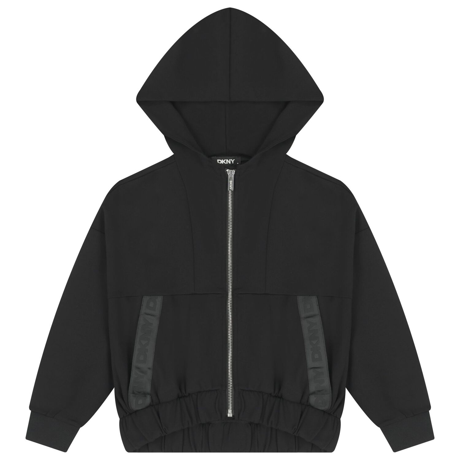 Girls Black Logo Hooded Zip-Up Top, 1, hi-res