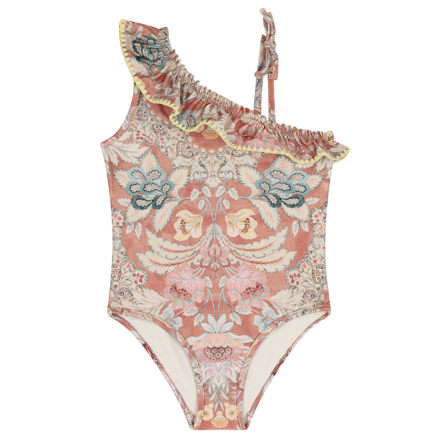 Girls Pink Floral Asymmetric Swimsuit, 1, hi-res