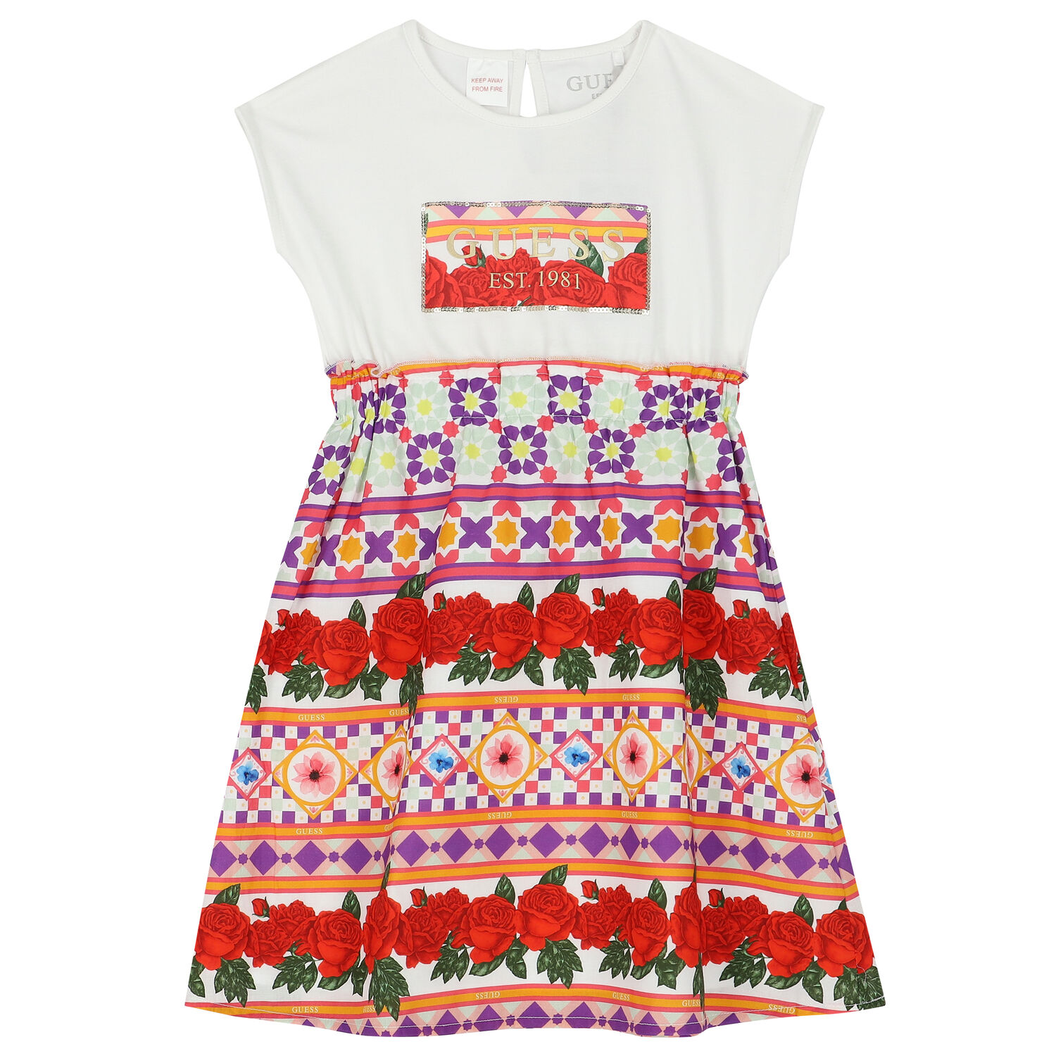فستان بنات بطبعة الزهور باللون الأحمر والأبيض, 1, hi-res