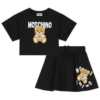 Girls Black Teddy Bear Logo Skirt Set
