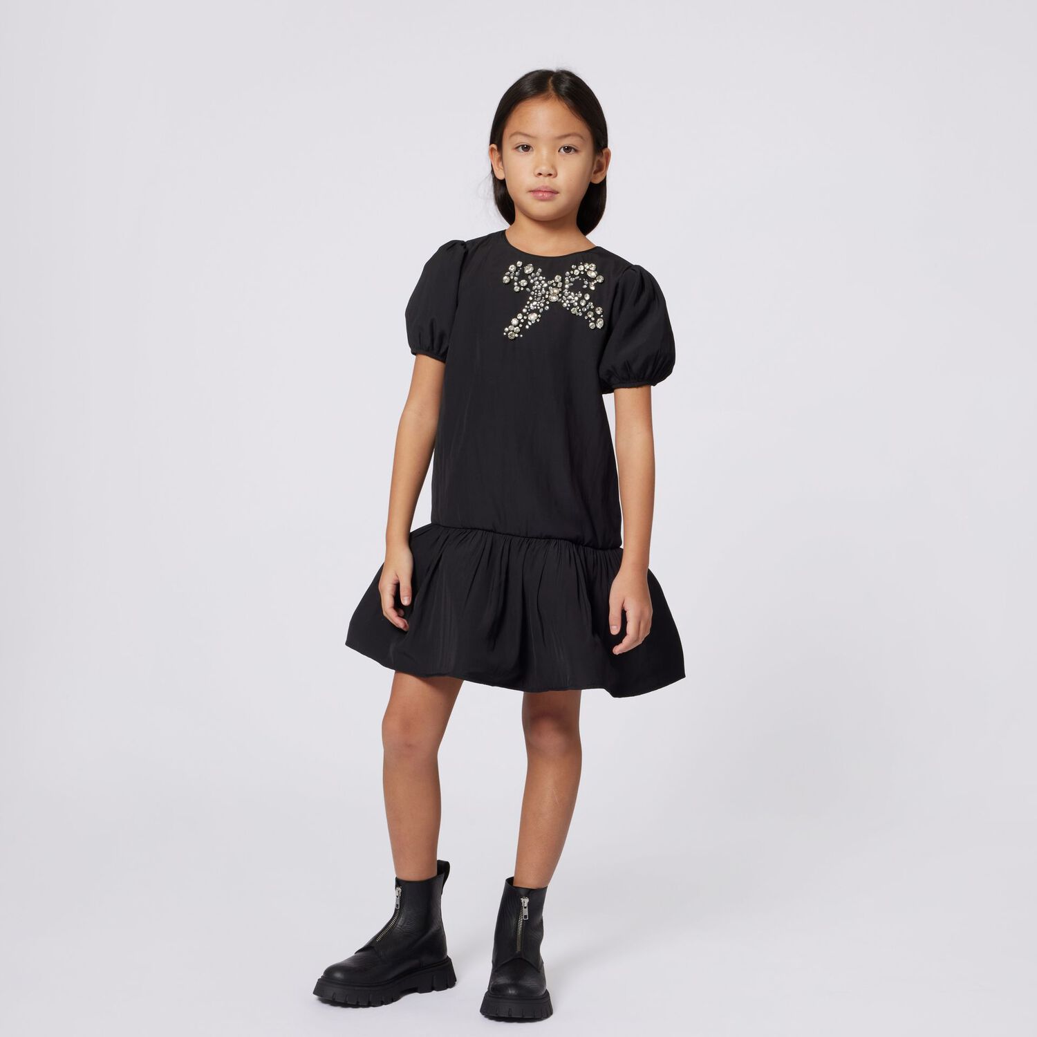 Girls Black Embellished Bow Dress, 1, hi-res