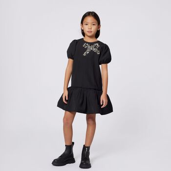 Girls Black Embellished Bow Dress