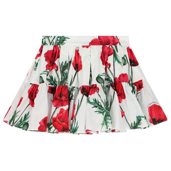 Girls White & Red Poppy Skirt