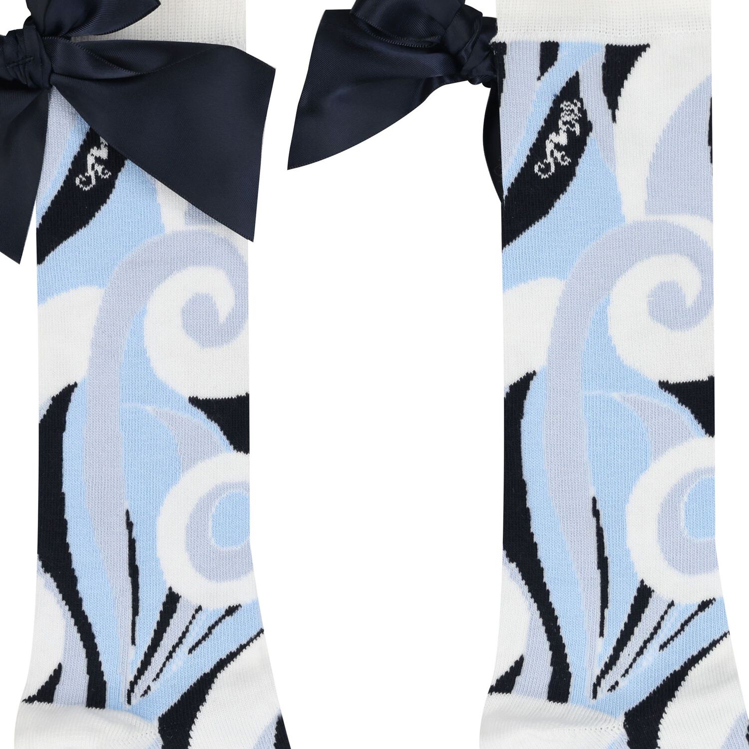 جوارب بنات بفيونكه ساتان بطبعه دوامه باللون الازرق , 1, hi-res