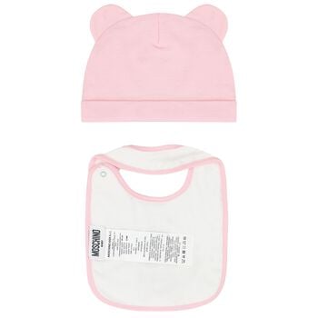 Baby Girls Pink & White Teddy Bear Logo Hat & Bib Gift Set