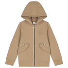 Boys Beige Logo Hooded Zip Up Top, 1, hi-res