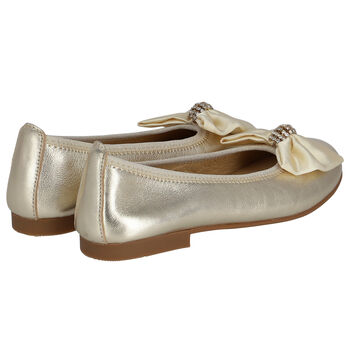 Girls Gold Embellished Bow Ballerina Shoes