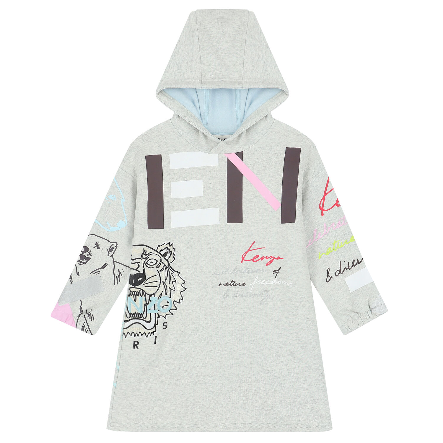 Girls Grey Logo Hooded Dress, 1, hi-res