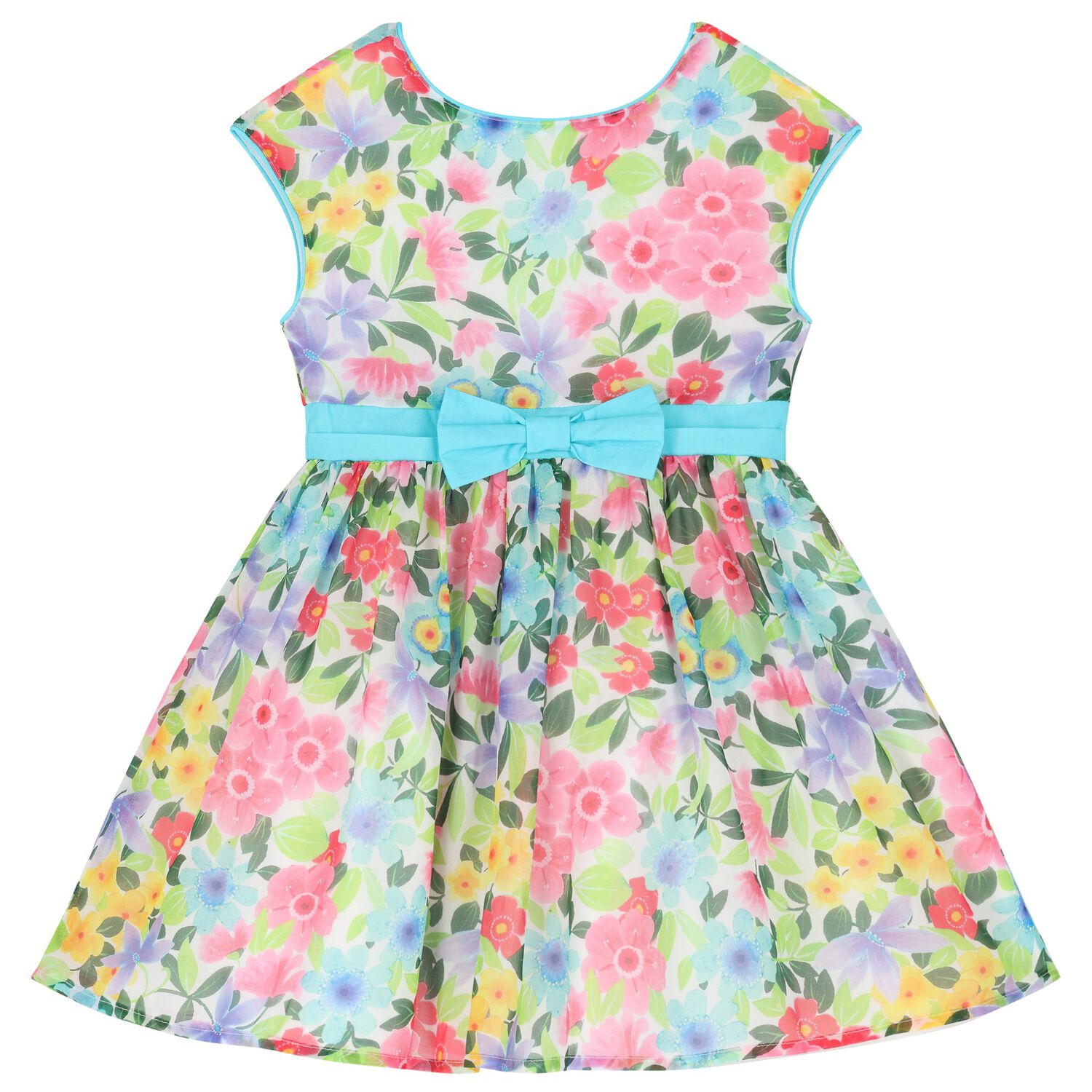Girls White & Blue Floral Chiffon Dress, 1, hi-res