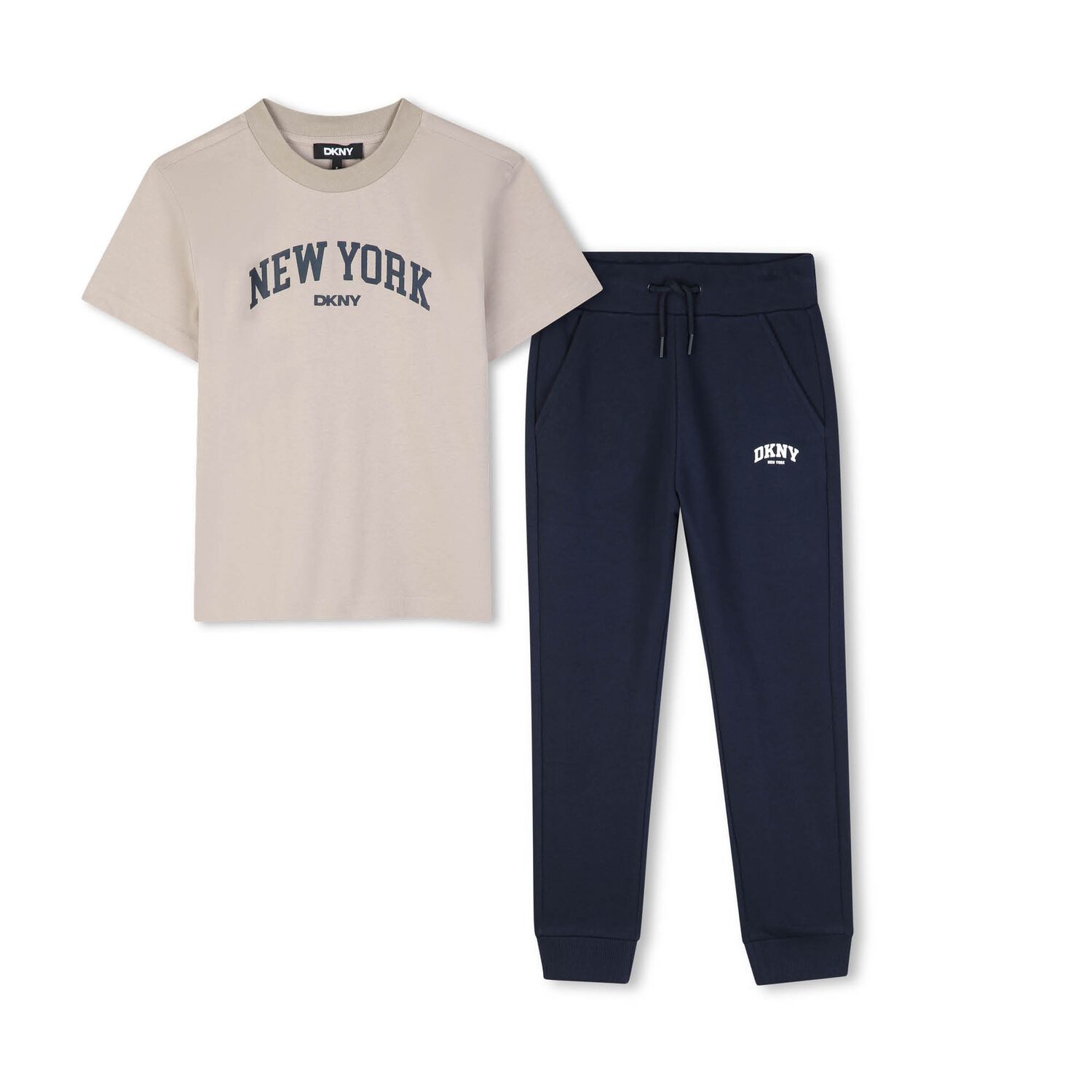 Boys Beige & Navy Blue Logo Joggers Set, 1, hi-res