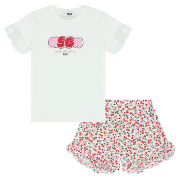 Younger Girls White Logo Shorts Set