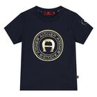 Younger Boys Navy Blue & Gold Logo T-Shirt, 2, hi-res