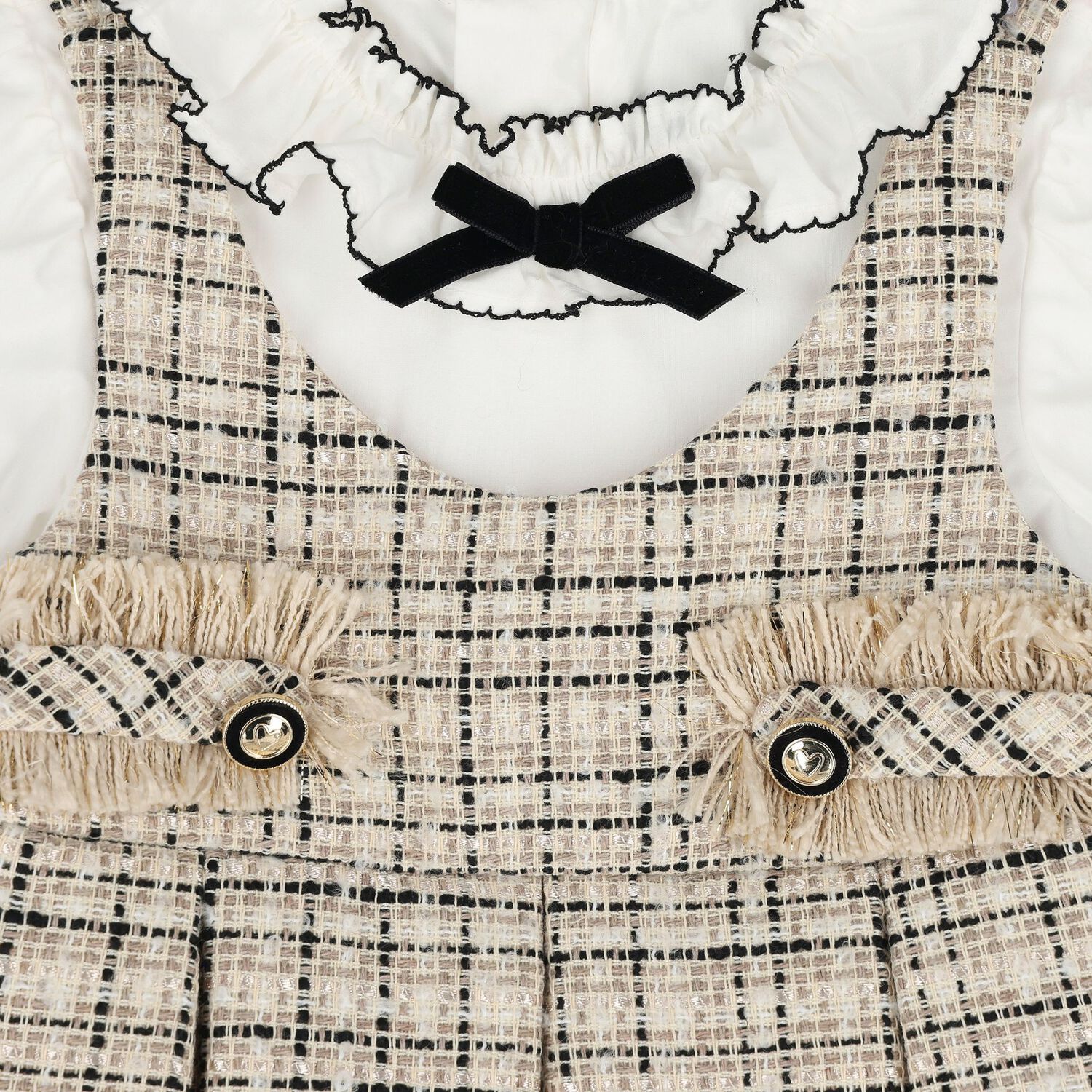 Younger Girls Beige & White Pinafore Dress, 1, hi-res