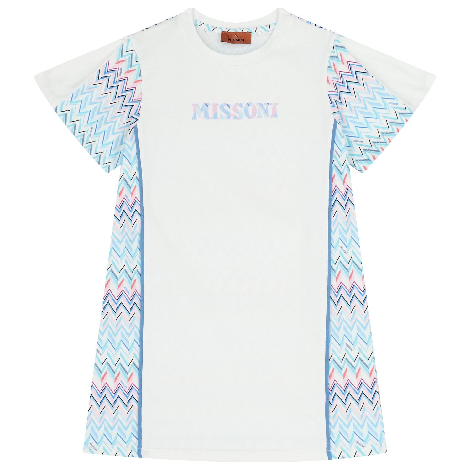 Girls White & Blue Zigzag Dress, 1, hi-res