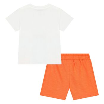Younger Boys White & Orange Shorts Set