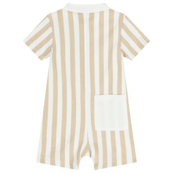 Baby Boys Beige & White Striped Logo Romper