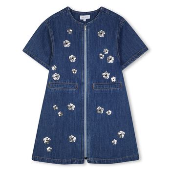 Girls Blue Denim Sequinned Floral Dress