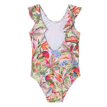 Girls Green & Pink Tropical Ruffled Swimsuit
