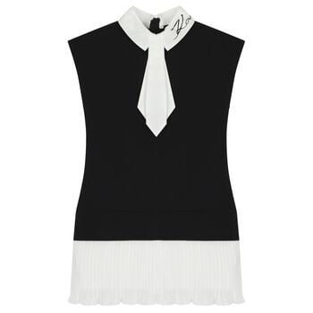 Girls Black & White Pleated Crepe Dress