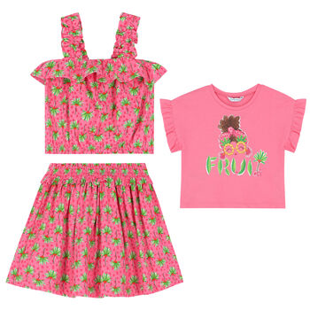 Girls Pink Palm Tree Skirt Set (3 Piece)