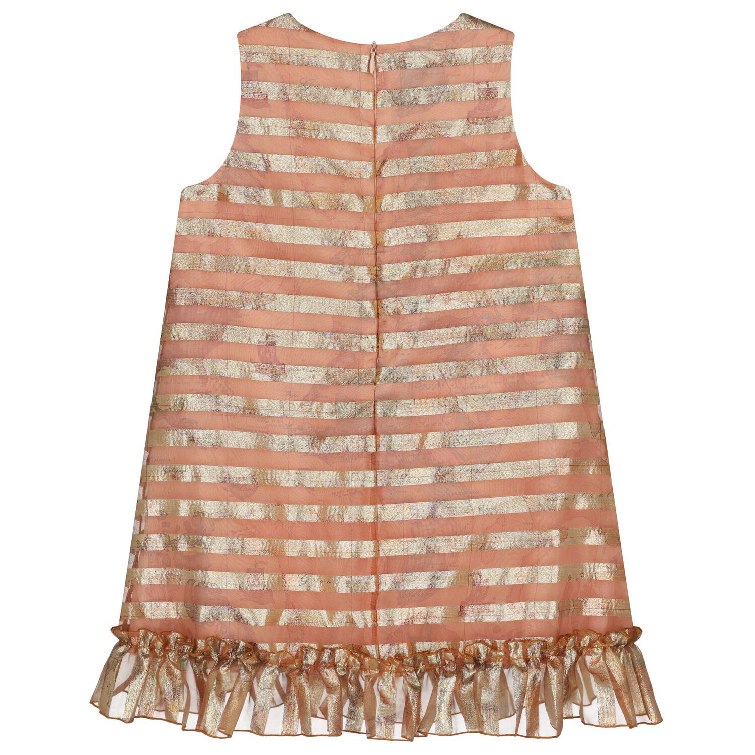 Girls Beige & Gold Striped Dress, 1, hi-res