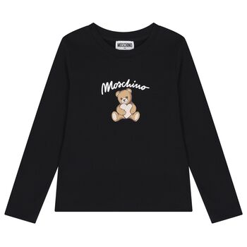 Girls Black Teddy Bear Logo Long Sleeve Top