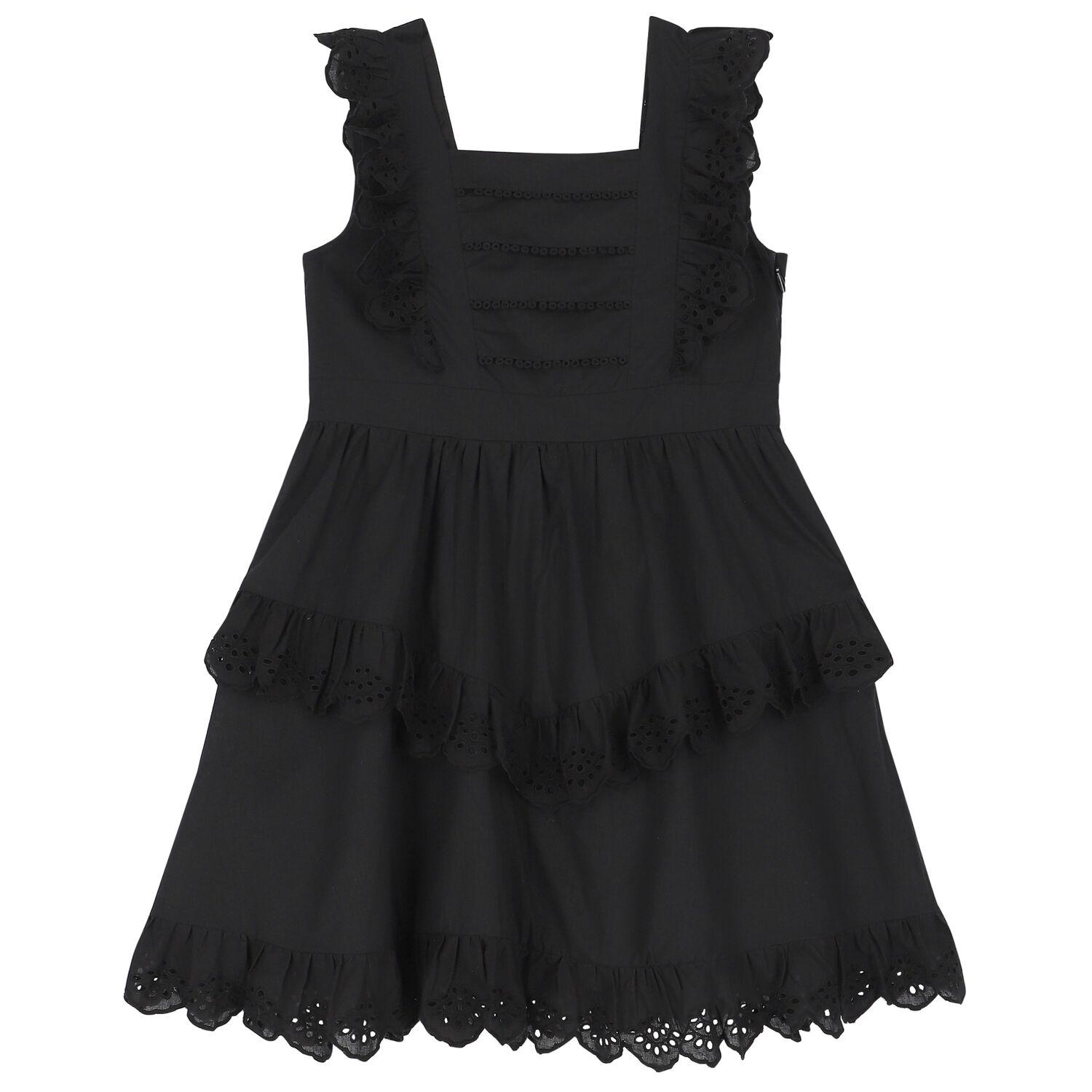 Girls Black Broderie Anglaise Dress, 1, hi-res