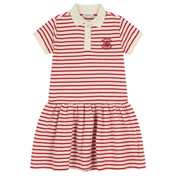 Girls Ivory & Red Logo Striped Polo Dress