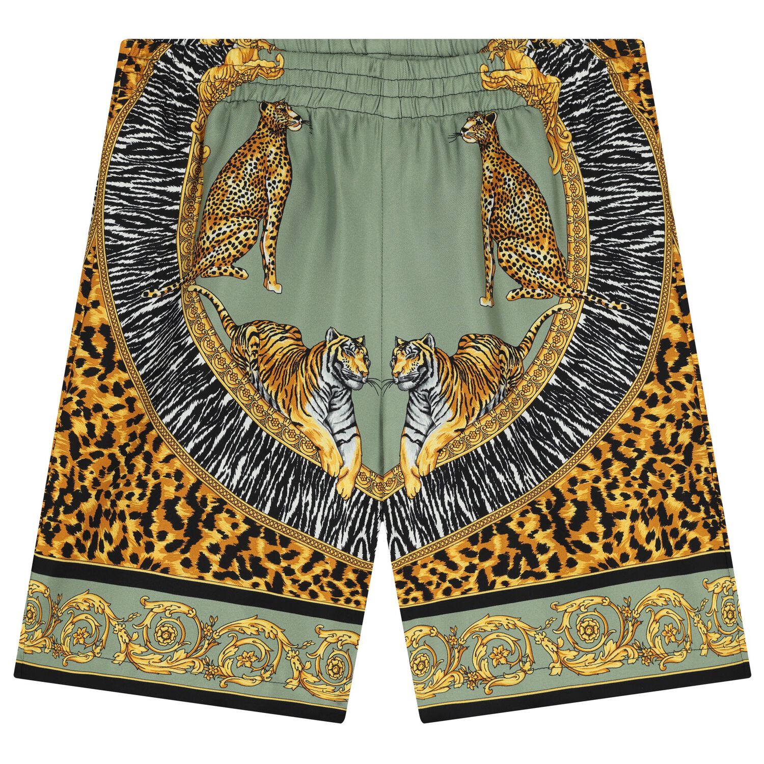 Boys Green, Yellow & Black Tiger Barocco Shorts, 1, hi-res