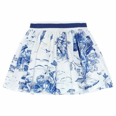 Girls White & Blue Printed Skirt