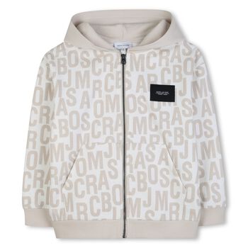Boys White & Beige Logo Hooded Zip Up Top