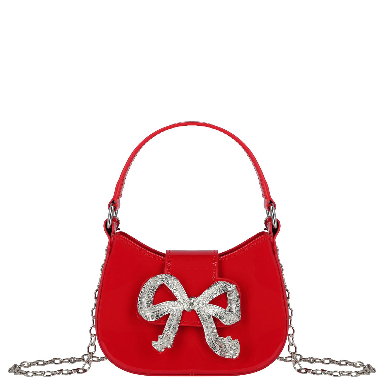 Girls Metallic Red Diamante Bow Handbag ( 16CM ), 2, hi-res