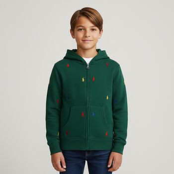 Boys Green Logo Hooded Zip Up Top