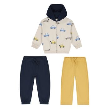 Younger Boys Beige, Yellow & Navy Blue Car Tracksuit Set
